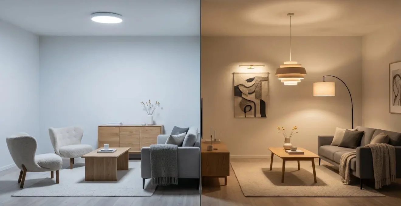 Comparaison visuelle d'un salon avec éclairage basique à gauche et éclairage multi-niveaux chaleureux à droite