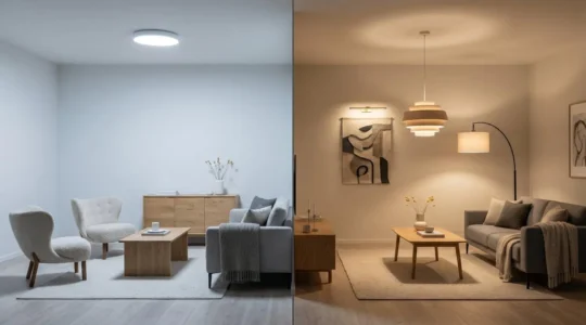 Comparaison visuelle d'un salon avec éclairage basique à gauche et éclairage multi-niveaux chaleureux à droite