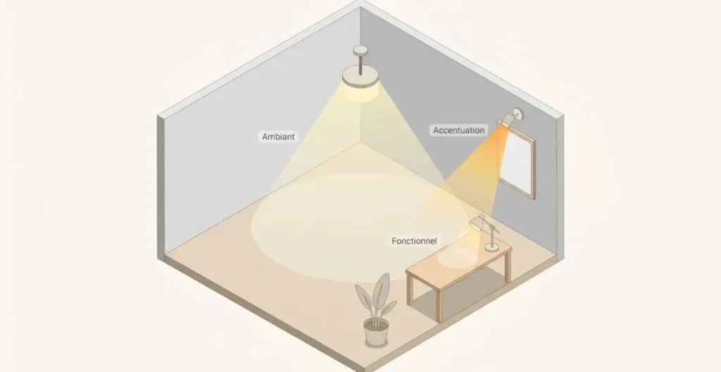 Schéma isométrique illustrant les trois types d'éclairage dans une pièce : ambiant, accentuation et fonctionnel Schéma isométrique illustrant les trois types d'éclairage dans une pièce : ambiant, accentuation et fonctionnel
